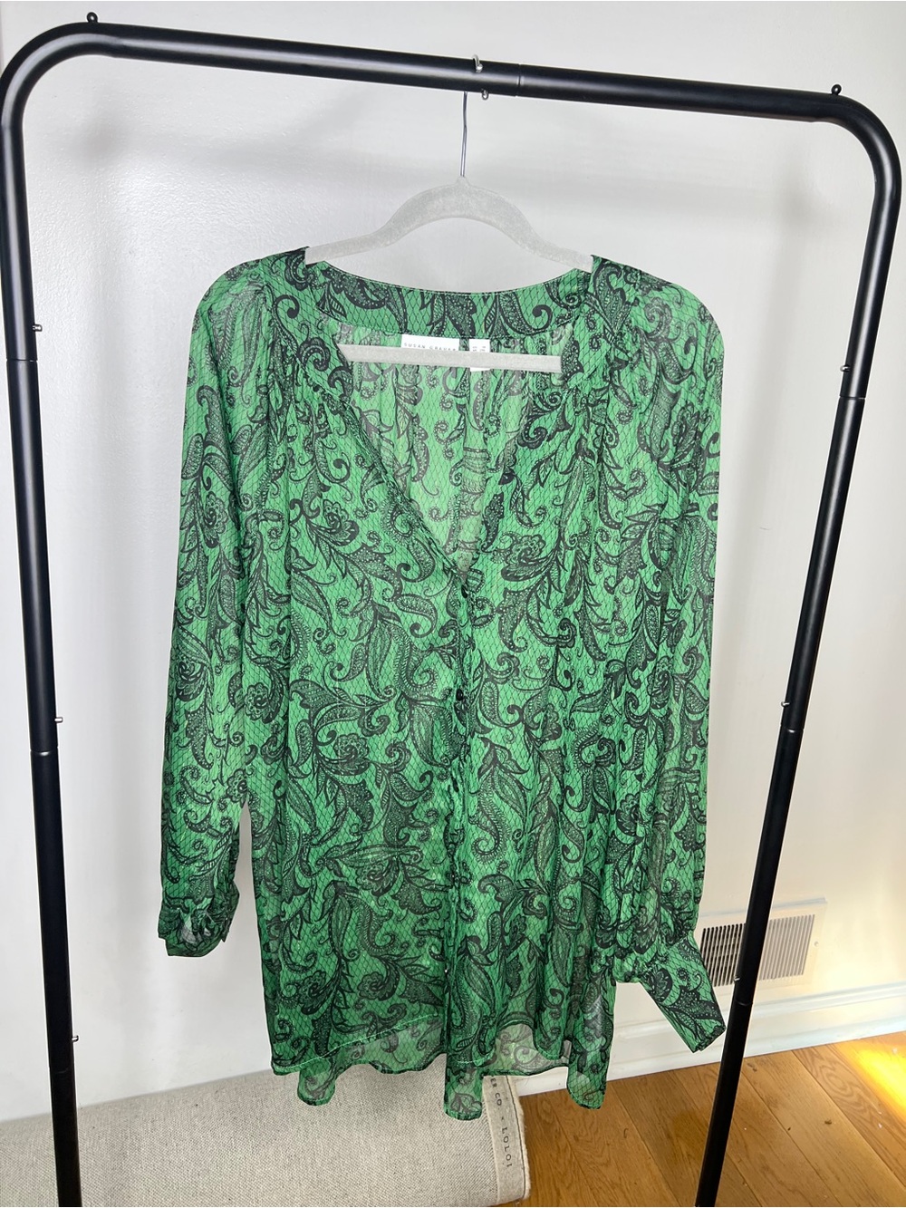 Susan Graver Green and Black Paisley Sheer Blouse